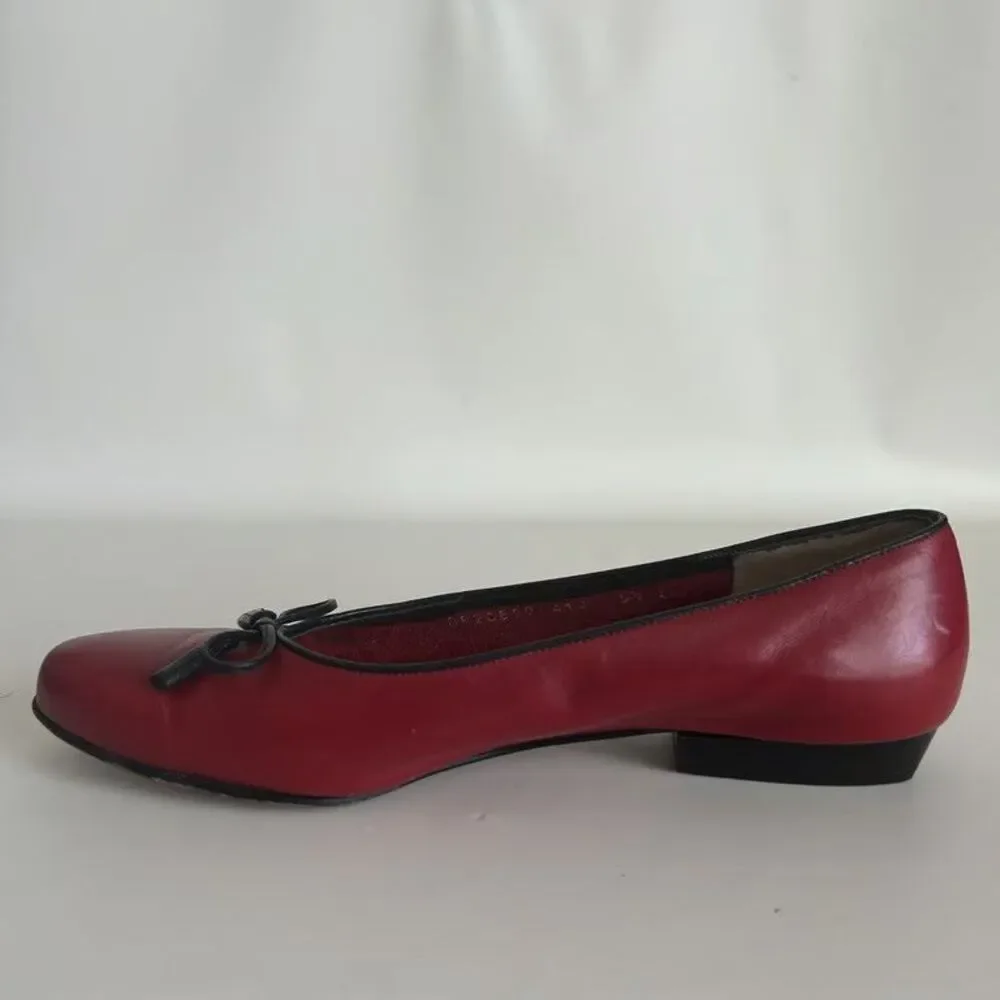 Salvatore Ferragamo Boutique Red Leather Bow Flats Shoes Womens Size 5.5 B Italy